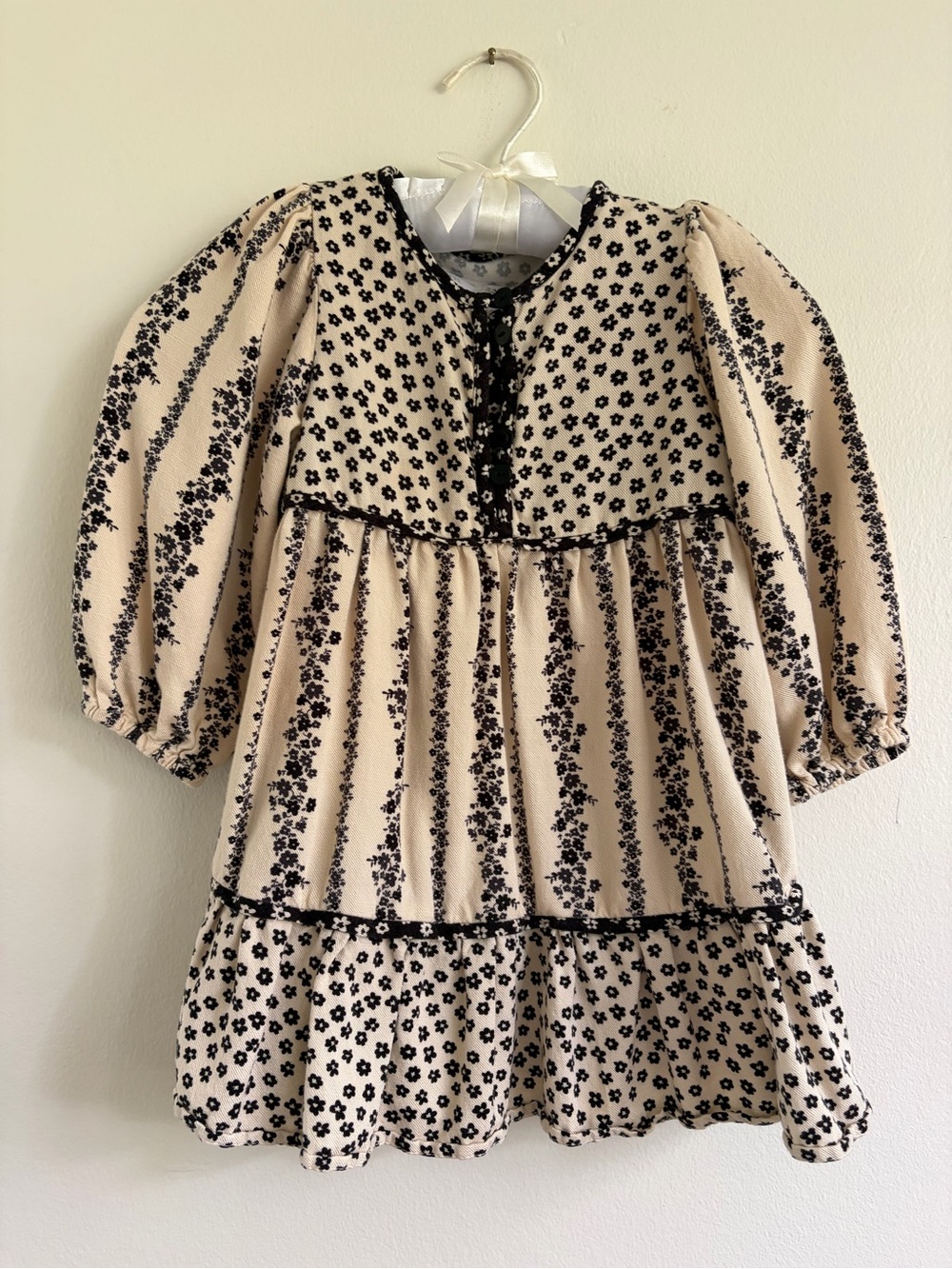 Zara Cream and Black Floral Tiered Dress for Girls